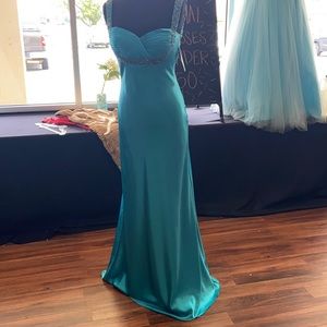 Satin Teal Backless Favianna Prom Dress